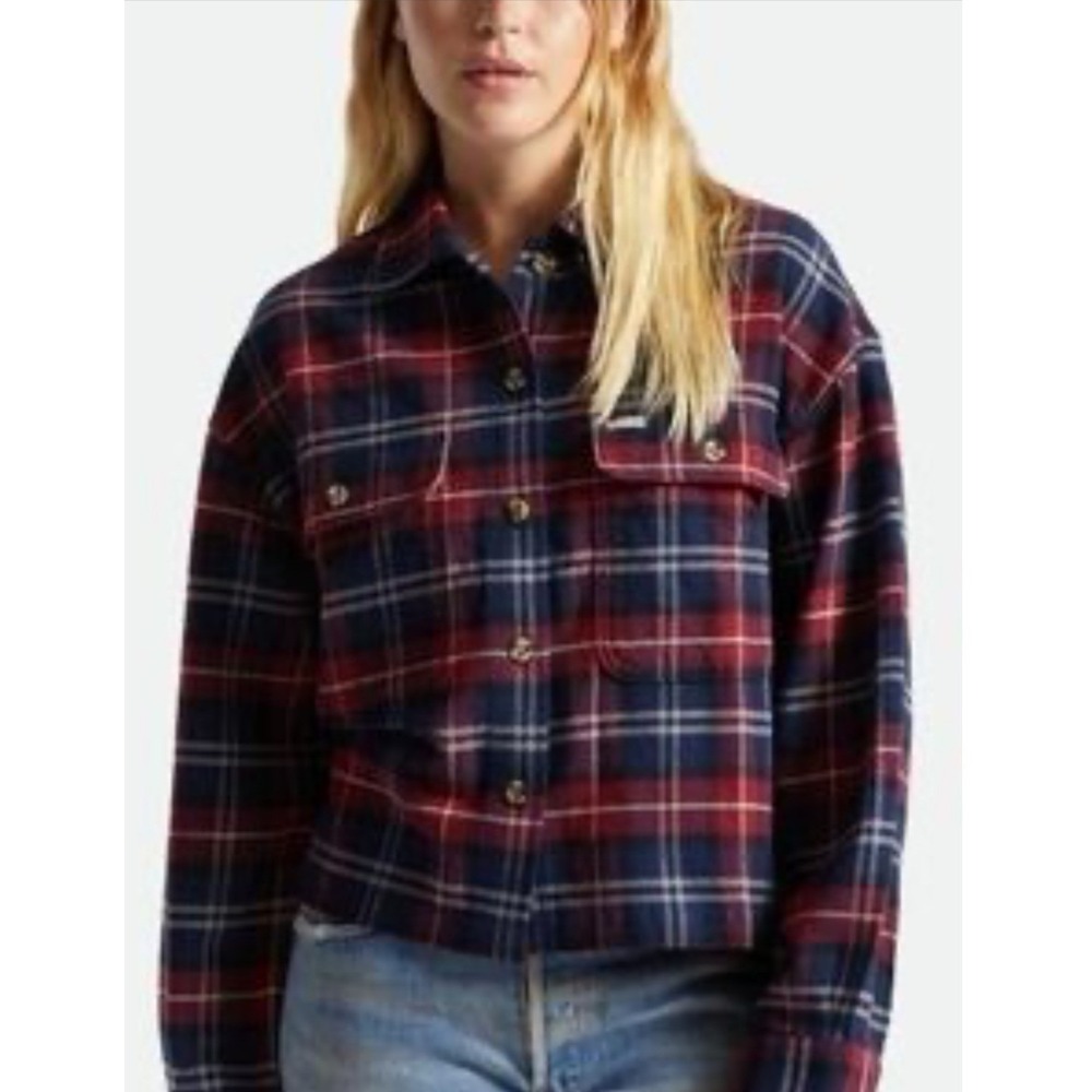 Brixton Bowery LS Flannel Shirt Cordovan Plaid Cropped Button Down Sz M NWT